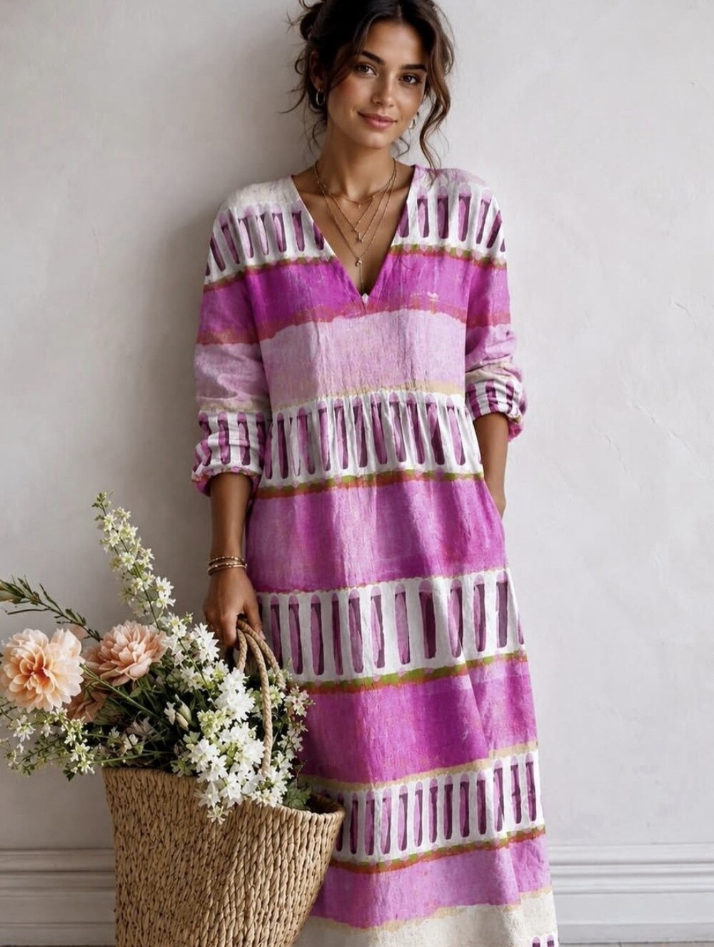 Boutique Pink Watercolor Stripe Midi Dress Medium Boho Resort Vacation Coastal